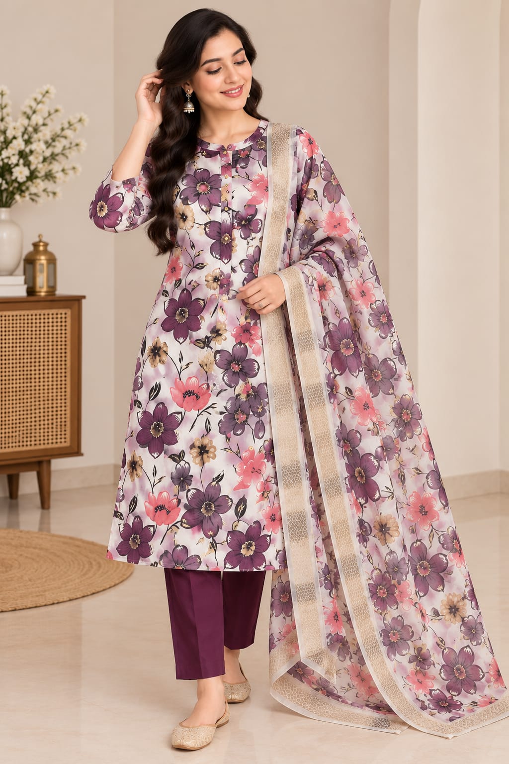 Lavender Blossom: 3-Piece Floral Print Kurta, Pant & Dupatta Set