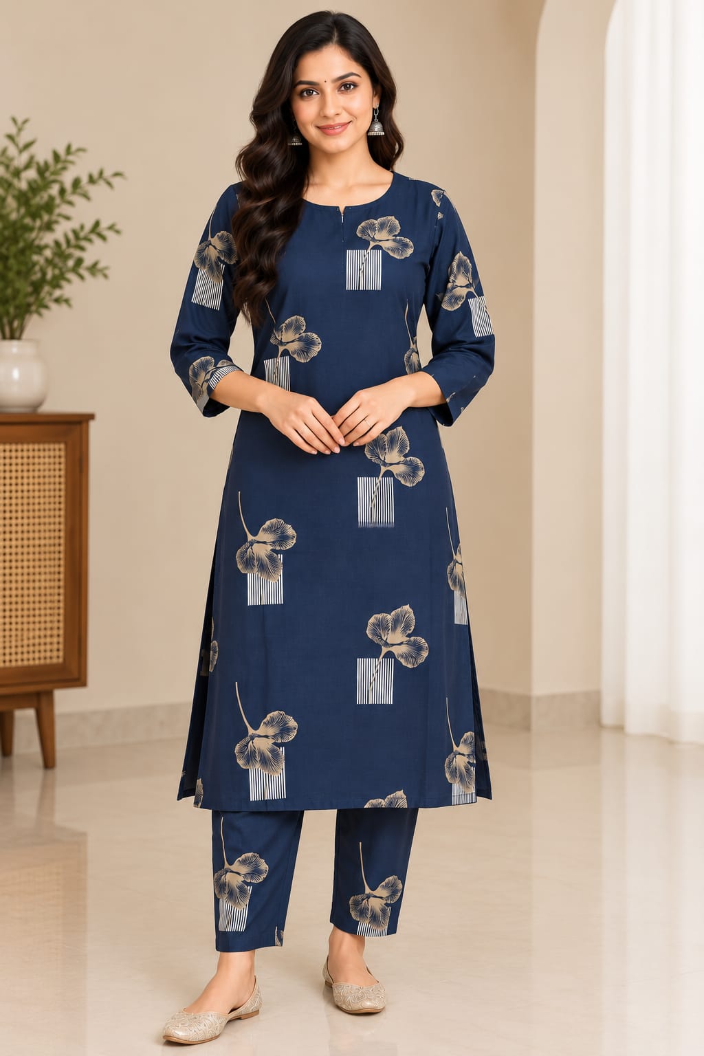 Navy Blue Cotton Straight Kurta Pant Set for Women | 3/4th Sleeve Daily & Office Wear Ethnic Co-ord Set
