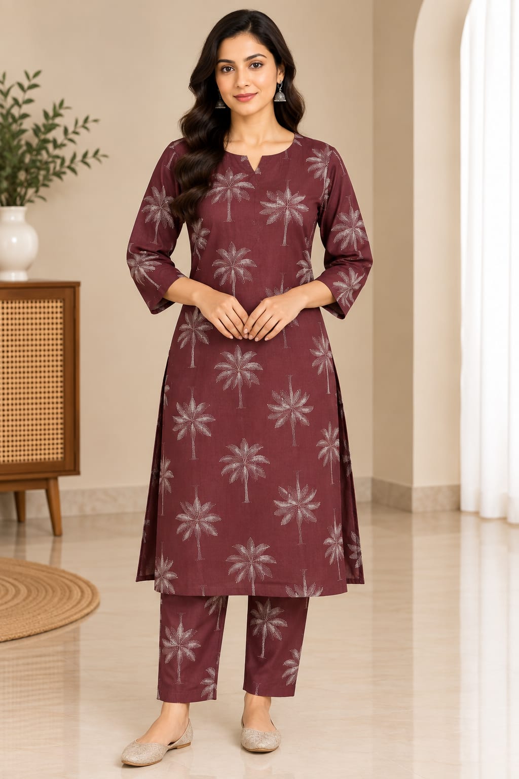Women’s Maroon Palm Print Straight Kurta & Pant Set