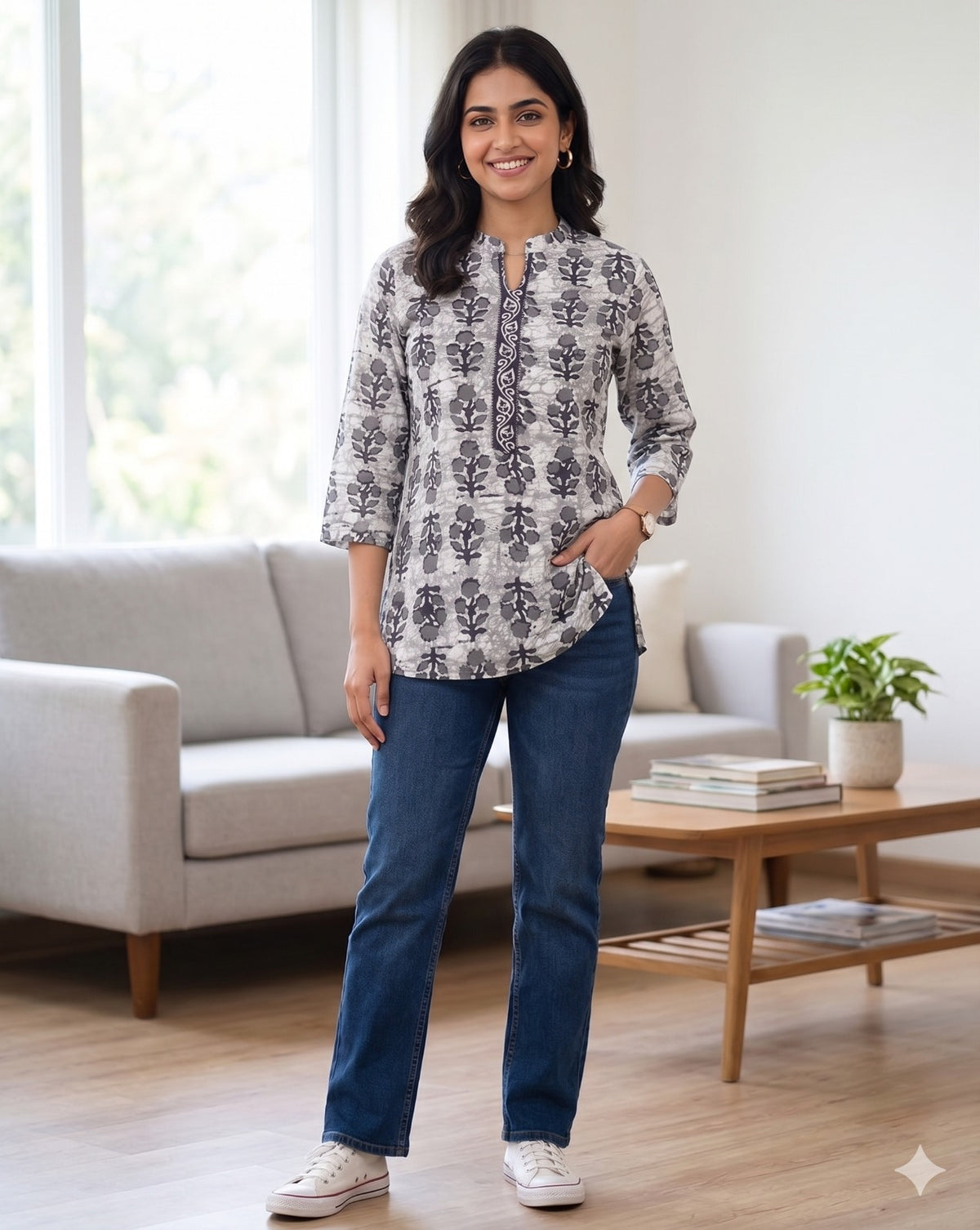 Grey Checkered Casual Top