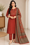 Rust Brown Cotton Straight Kurta Pant Set with Printed Dupatta for Women | Embroidered Yoke Festive & Daily Ethnic Suit Set