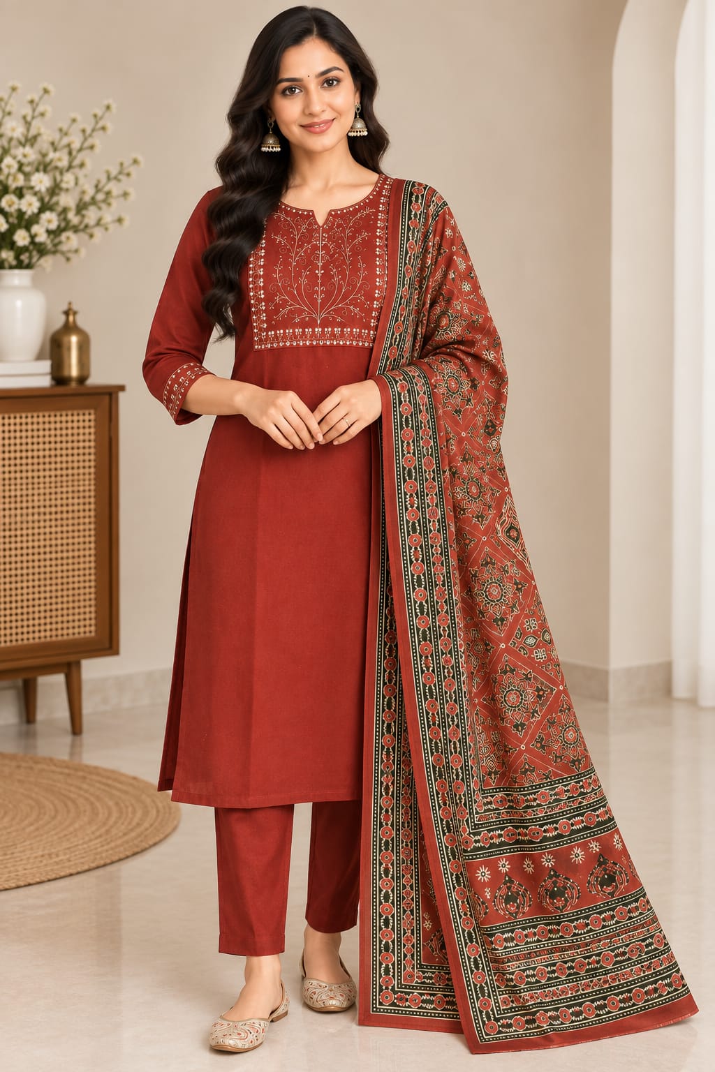 Rust Brown Cotton Straight Kurta Pant Set with Printed Dupatta for Women | Embroidered Yoke Festive & Daily Ethnic Suit Set