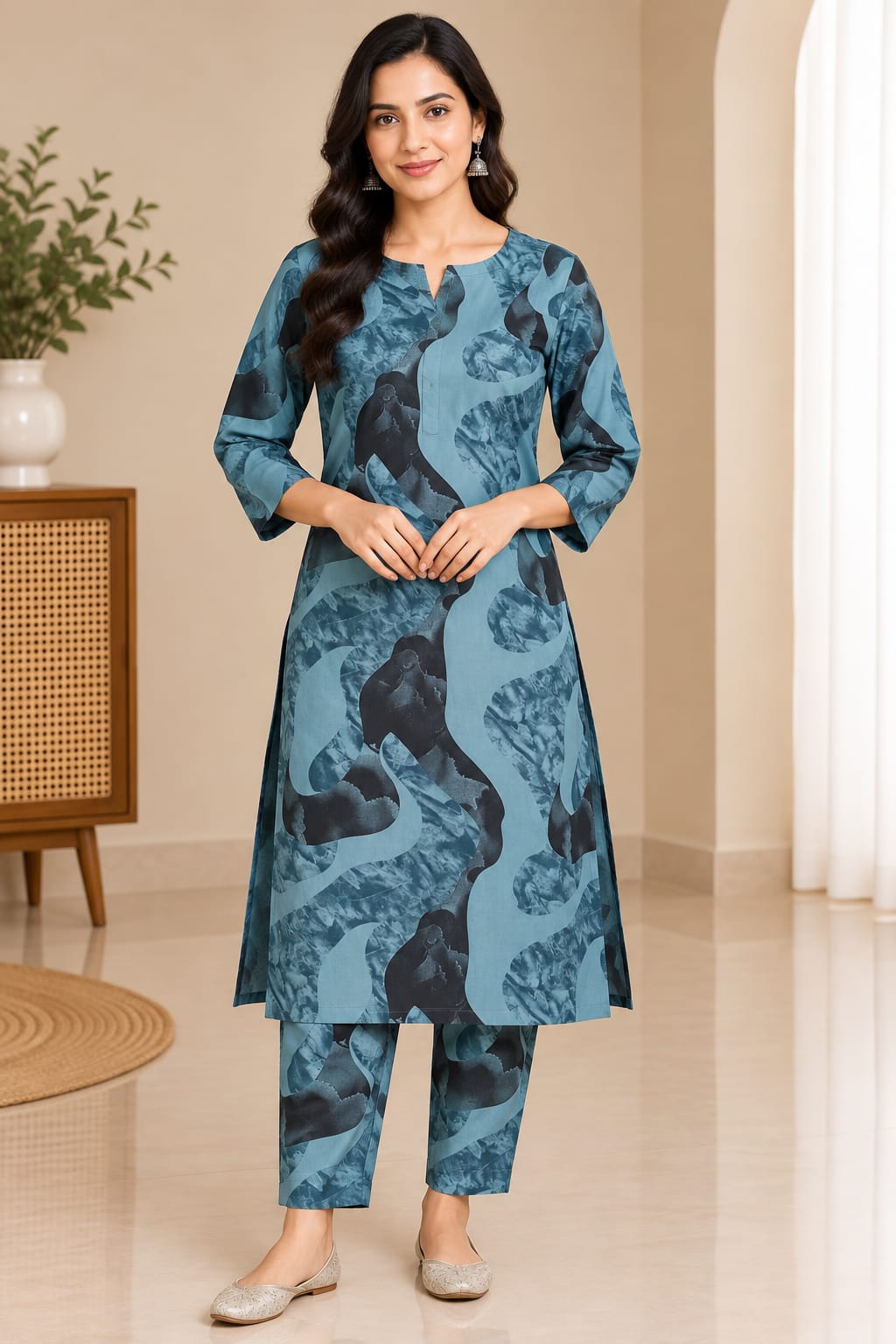 Teal Blue Printed Cotton Straight Kurta Pant Set for Women | 3/4th Sleeve Daily & Office Wear Ethnic Co-ord Set