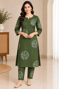 Olive Elegance: 2-Piece Ethnic Printed Kurta & Pant Set