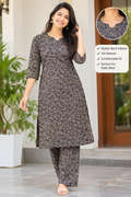 Women’s Printed Kurta Pant Set – Black & Beige | 3/4 Sleeves