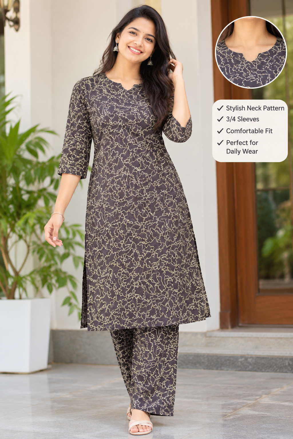 Women’s Printed Kurta Pant Set – Black & Beige | 3/4 Sleeves