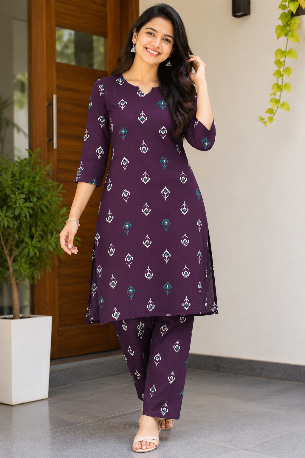 Women’s Printed Kurta Pant Set – Deep Purple | 3/4 Sleeves