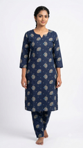 Women’s Navy Blue Printed Kurta Pant Set | 3/4 Sleeves