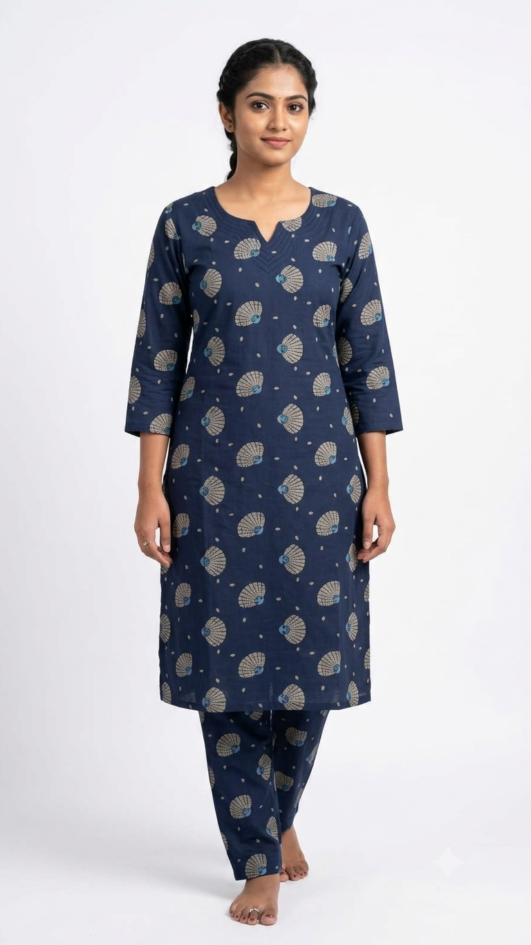 Women’s Navy Blue Printed Kurta Pant Set | 3/4 Sleeves