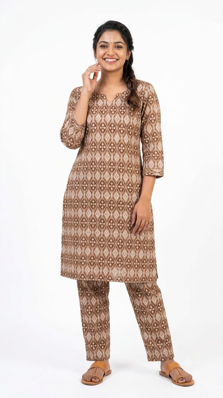 Women’s Brown Geometric Printed Kurta Pant Set | 3/4 Sleeves