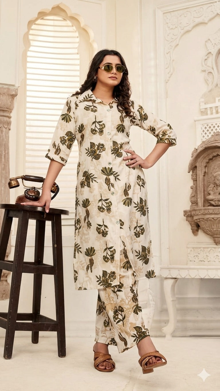 Ladies Cotton-Printed Long Tunic and Palazzo Co-ord Set