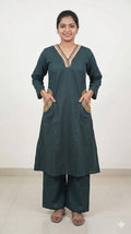 Dark Green Cotton Embroidered kurta with Palazzo set V Neck