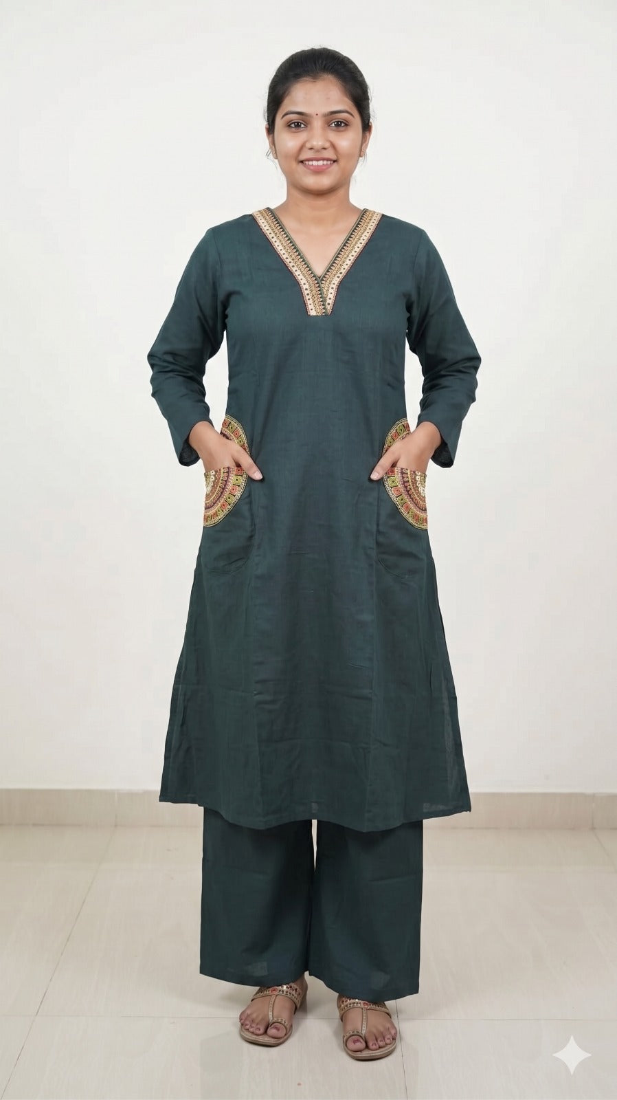 Dark Green Cotton Embroidered kurta with Palazzo set V Neck