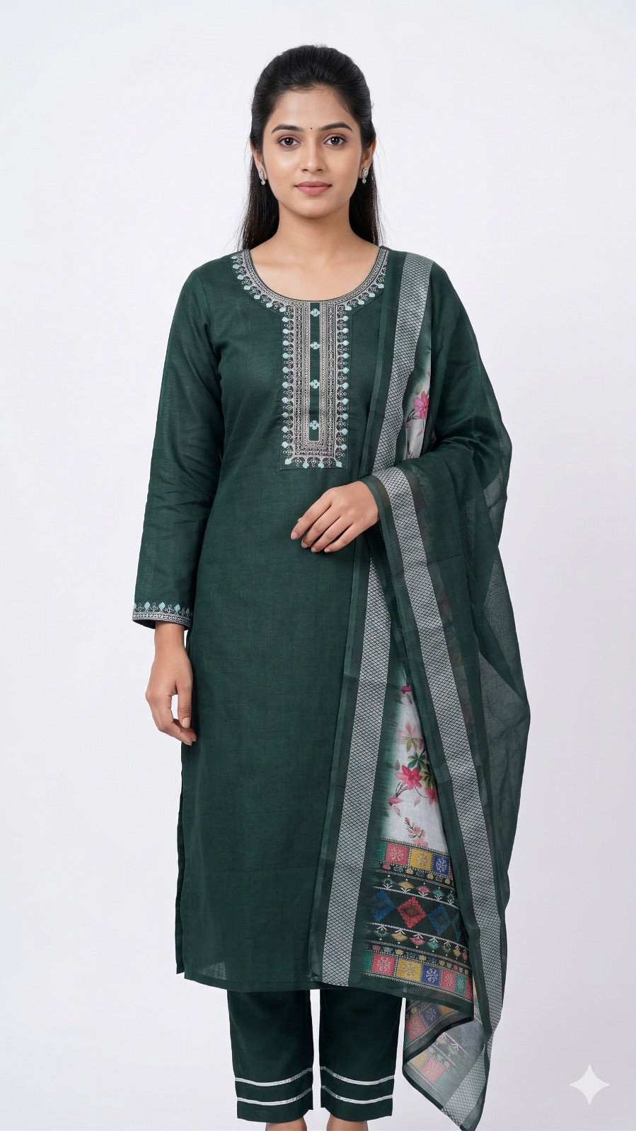 Dark Green Cotton Embroidered Kurta Pant with Printed Dupatta Set