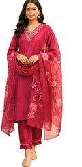 Wine Cotton Embroidered V-Neck Kurta Pant with Floral Printed Dupatta Set
