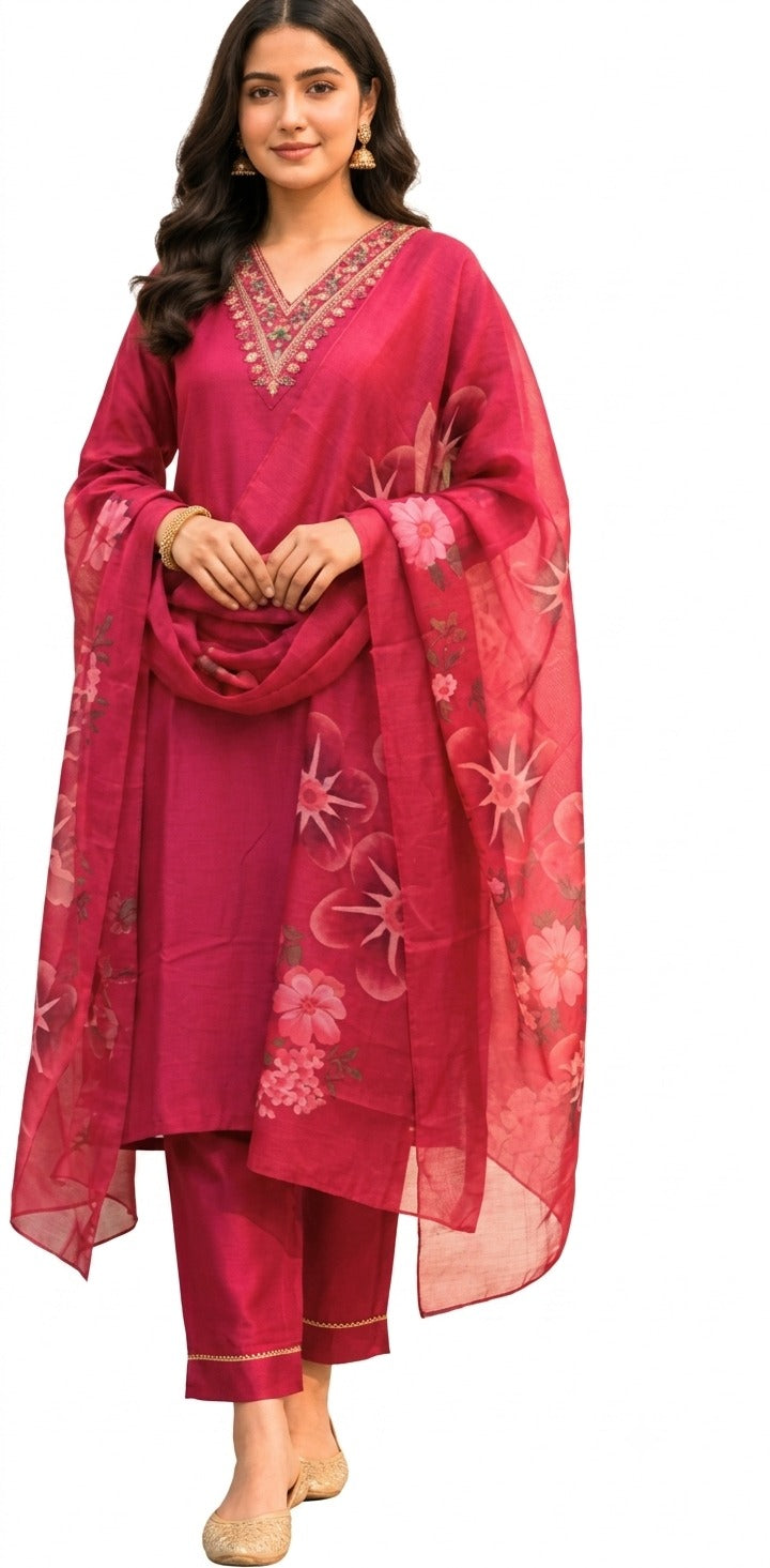 Wine Cotton Embroidered V-Neck Kurta Pant with Floral Printed Dupatta Set