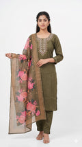 Olive Green Cotton Embroidered Kurta Pant with Floral Printed Dupatta Set