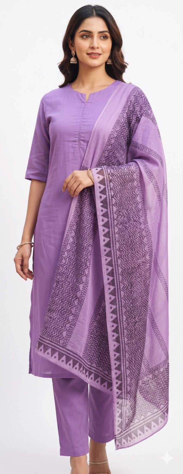 Lavender Cotton Straight Kurta Pant with Printed Dupatta Set