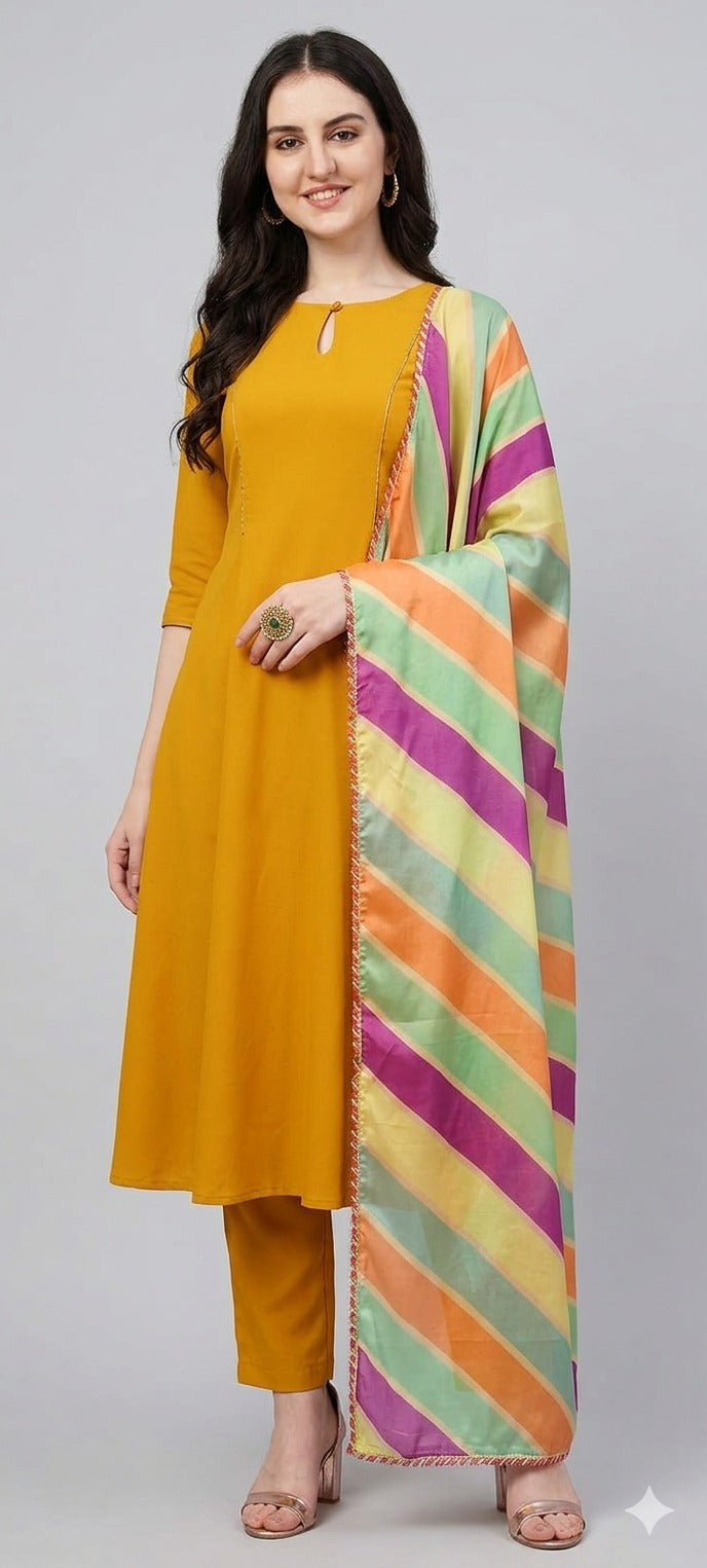 Mustard Yellow  A-Line Kurta Pant with Multicolor Striped Dupatta Set