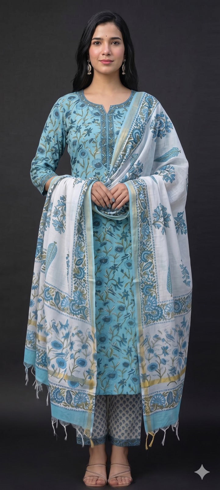 Sky Blue Floral Printed Cotton Kurta Pant with Dupatta Set