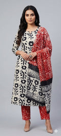 Off White & Rust Red Printed Cotton Kurta Pant with Dupatta Set