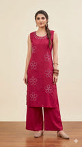 Maroon Floral Embroidered Sleeveless Cotton Kurta with Palazzo Set