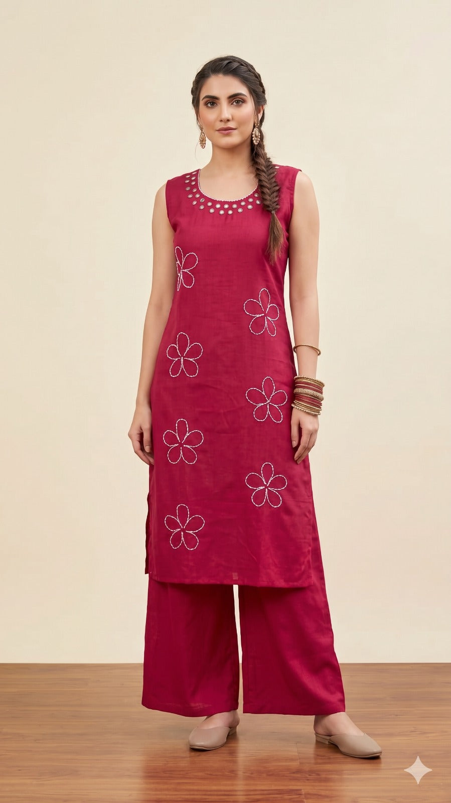 Maroon Floral Embroidered Sleeveless Cotton Kurta with Palazzo Set