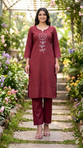 Women's Maroon Floral Embroidered Cotton Kurta Pant Set