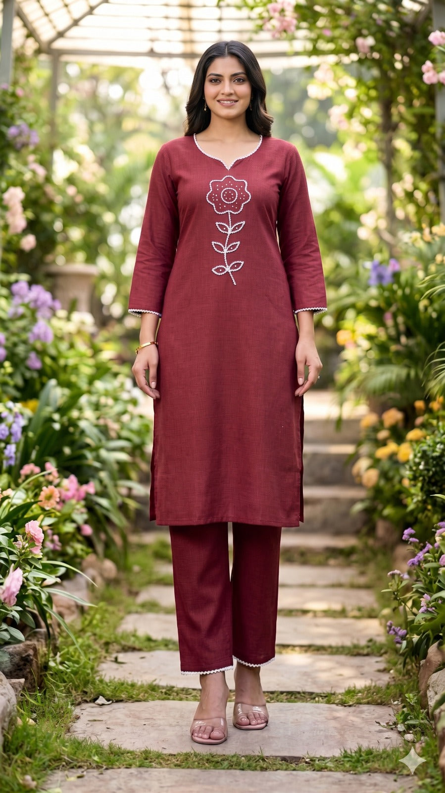 Women's Maroon Floral Embroidered Cotton Kurta Pant Set