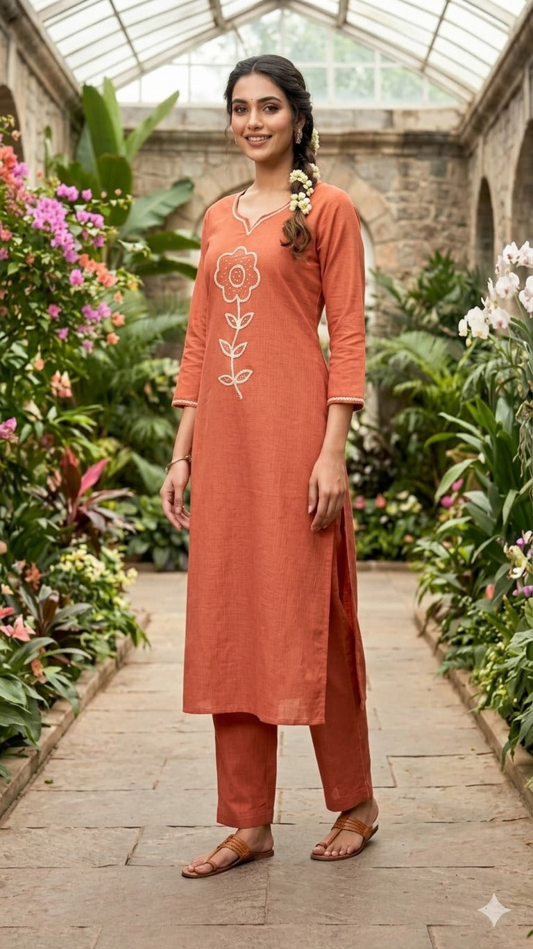 Rust Orange Floral Embroidered Cotton Kurta Pant Set