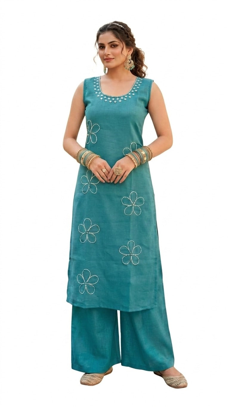 Teal Blue Floral Embroidered Sleeveless Cotton Kurta with Palazzo Set