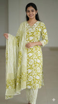 Olive Green Floral Printed Cotton Kurta Pant & Dupatta Set