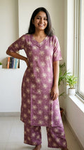 Mauve Floral Printed Cotton Kurta & Pant Co-Ord Set