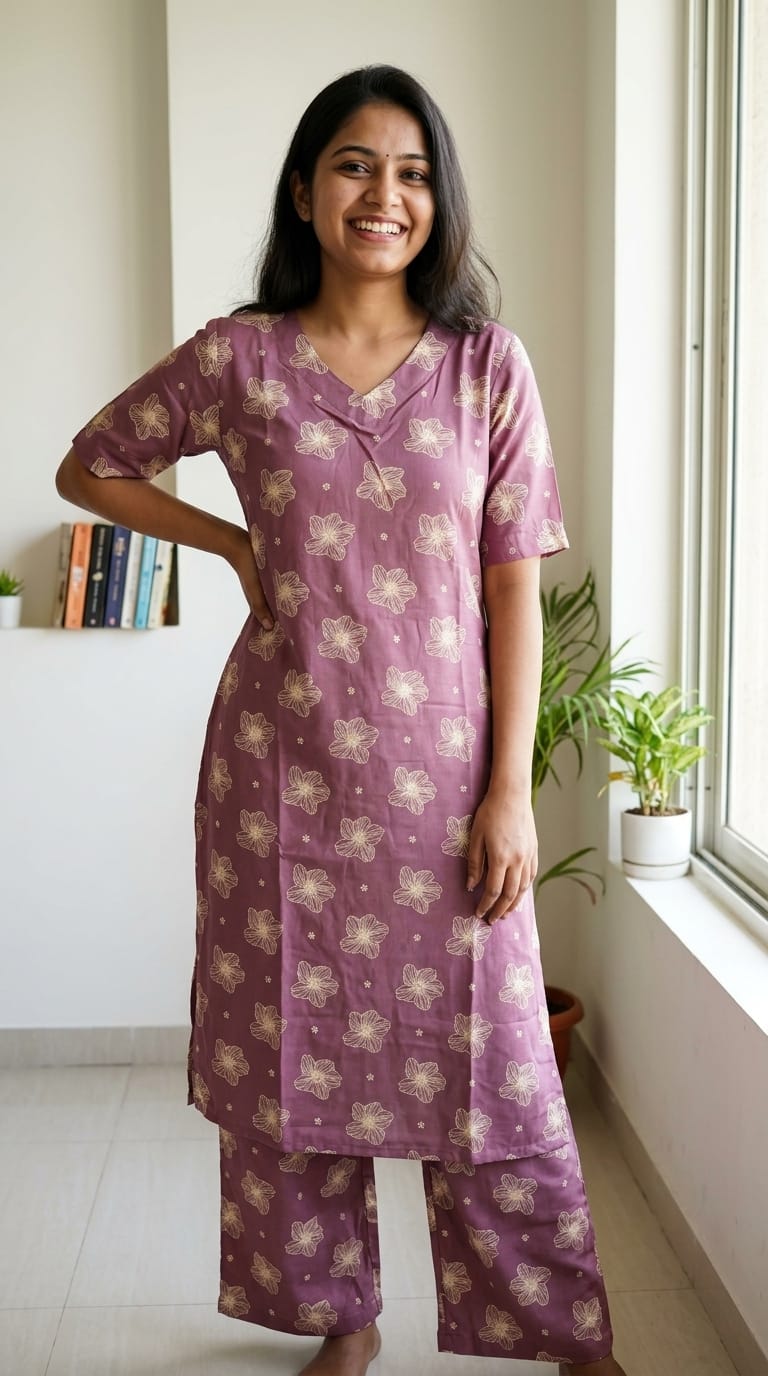 Mauve Floral Printed Cotton Kurta & Pant Co-Ord Set