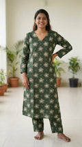 Olive Green Floral Printed Cotton Kurta & Pant Co-Ord Set