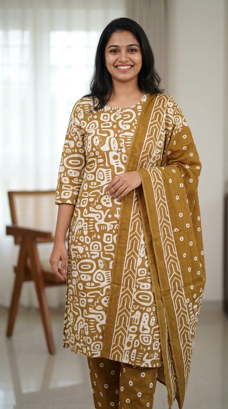 Mustard Brown Abstract Printed Cotton Kurta Pant & Dupatta Set