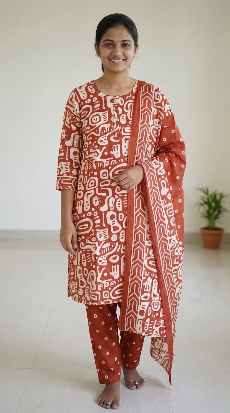 Rust Orange Abstract Printed Cotton Kurta Pant & Dupatta Set