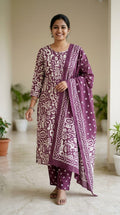 Purple Abstract Printed Cotton Kurta Pant & Dupatta Set