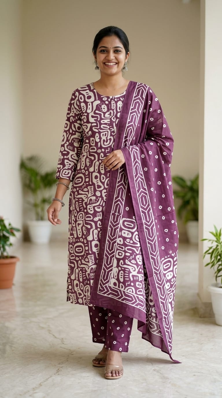 Purple Abstract Printed Cotton Kurta Pant & Dupatta Set