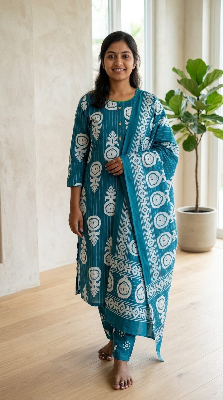 Teal Blue Ethnic Printed Cotton Kurta Pant & Dupatta Set