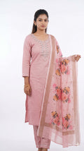 Women's Baby Pink Cotton Embroidered Kurta Pant with Floral Printed Dupatta Set