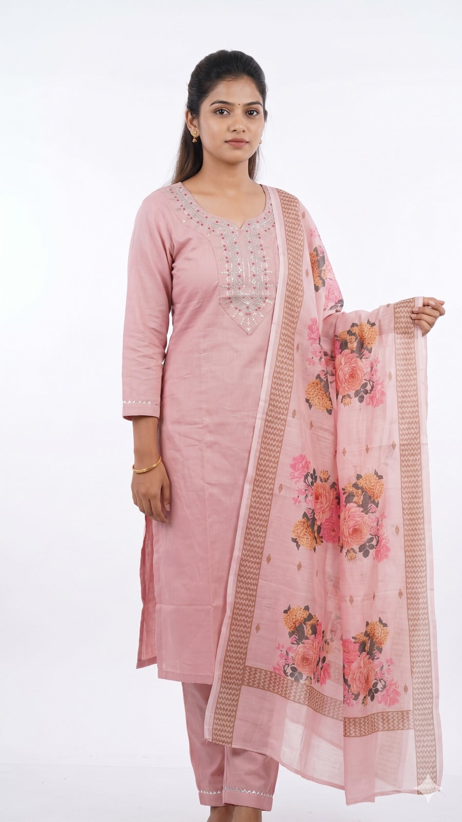 Women's Baby Pink Cotton Embroidered Kurta Pant with Floral Printed Dupatta Set