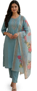 Women's Sky Blue Cotton Embroidered Kurta Pant with Floral Printed Dupatta Set