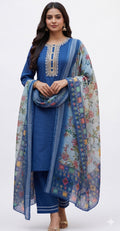 Royal Blue Cotton Embroidered Kurta Pant with Floral Printed Dupatta Set