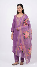 Lavender Cotton Embroidered Kurta Pant with Floral Printed Dupatta Set