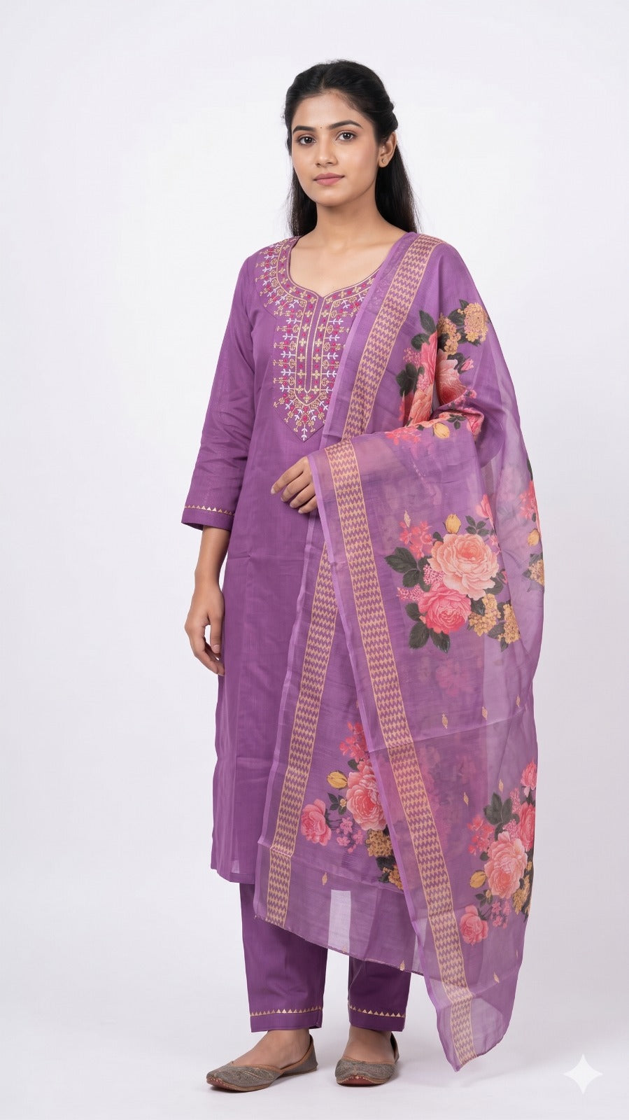 Lavender Cotton Embroidered Kurta Pant with Floral Printed Dupatta Set