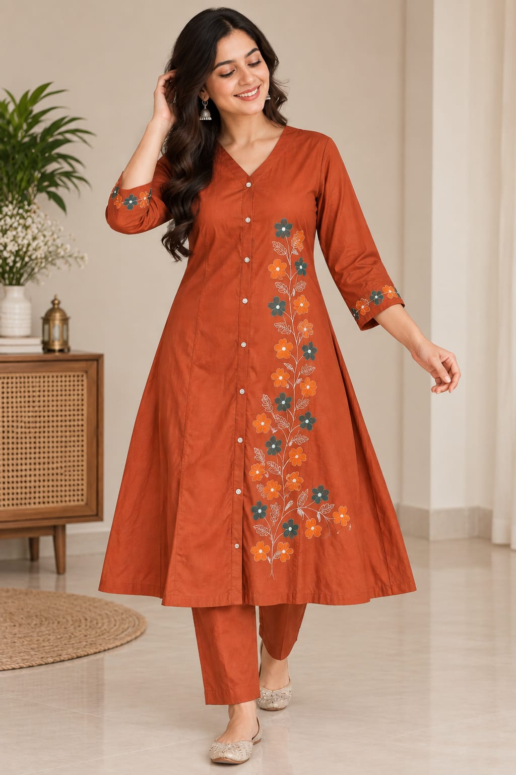 Terracotta Bloom: 2-Piece Flared Ethnic Printed Kurta & Trouser Set