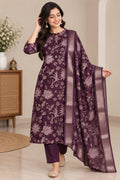 Regal Plum: 3-Piece Floral Ethnic Print Kurta, Pant & Dupatta Ensemble
