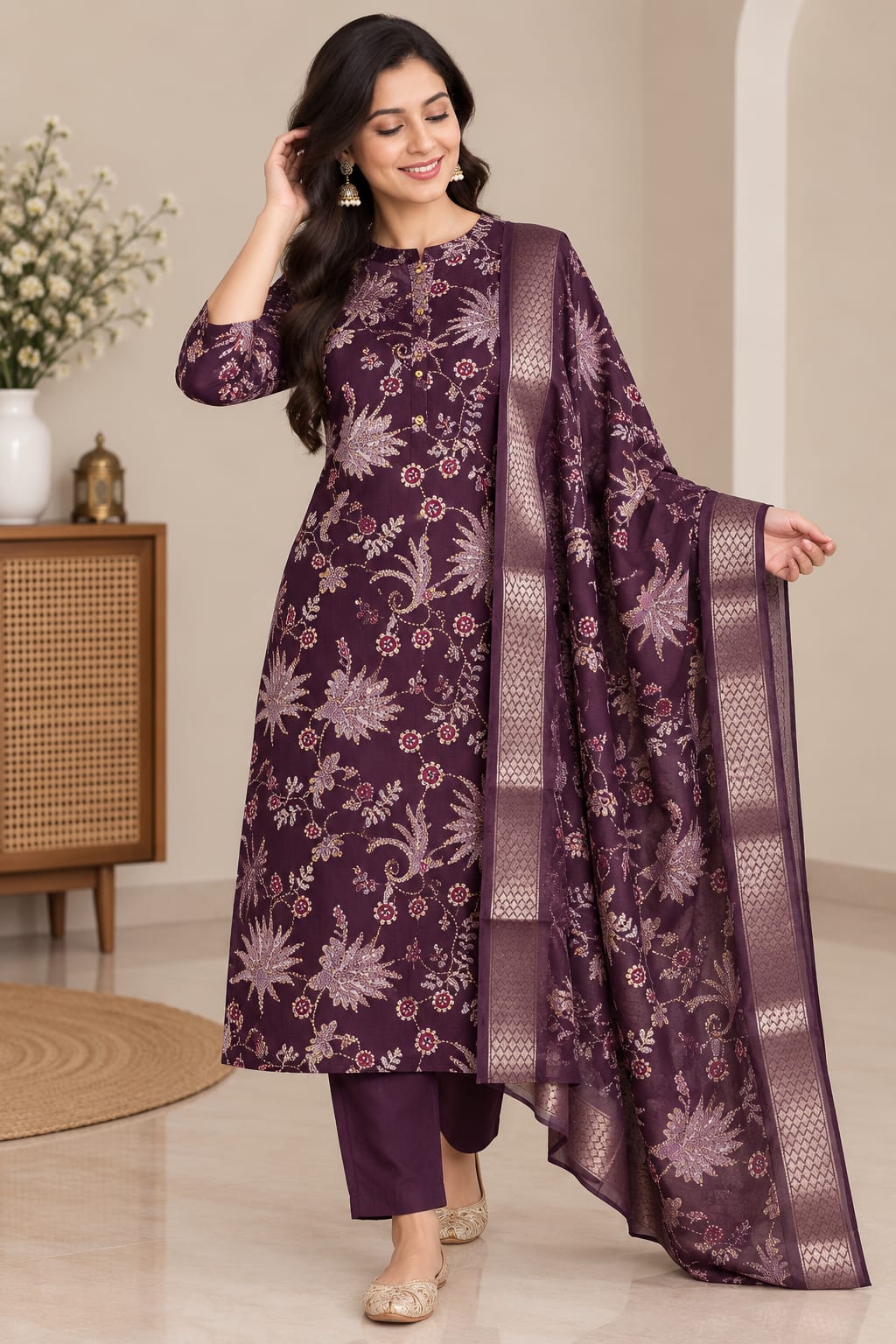 Regal Plum: 3-Piece Floral Ethnic Print Kurta, Pant & Dupatta Ensemble