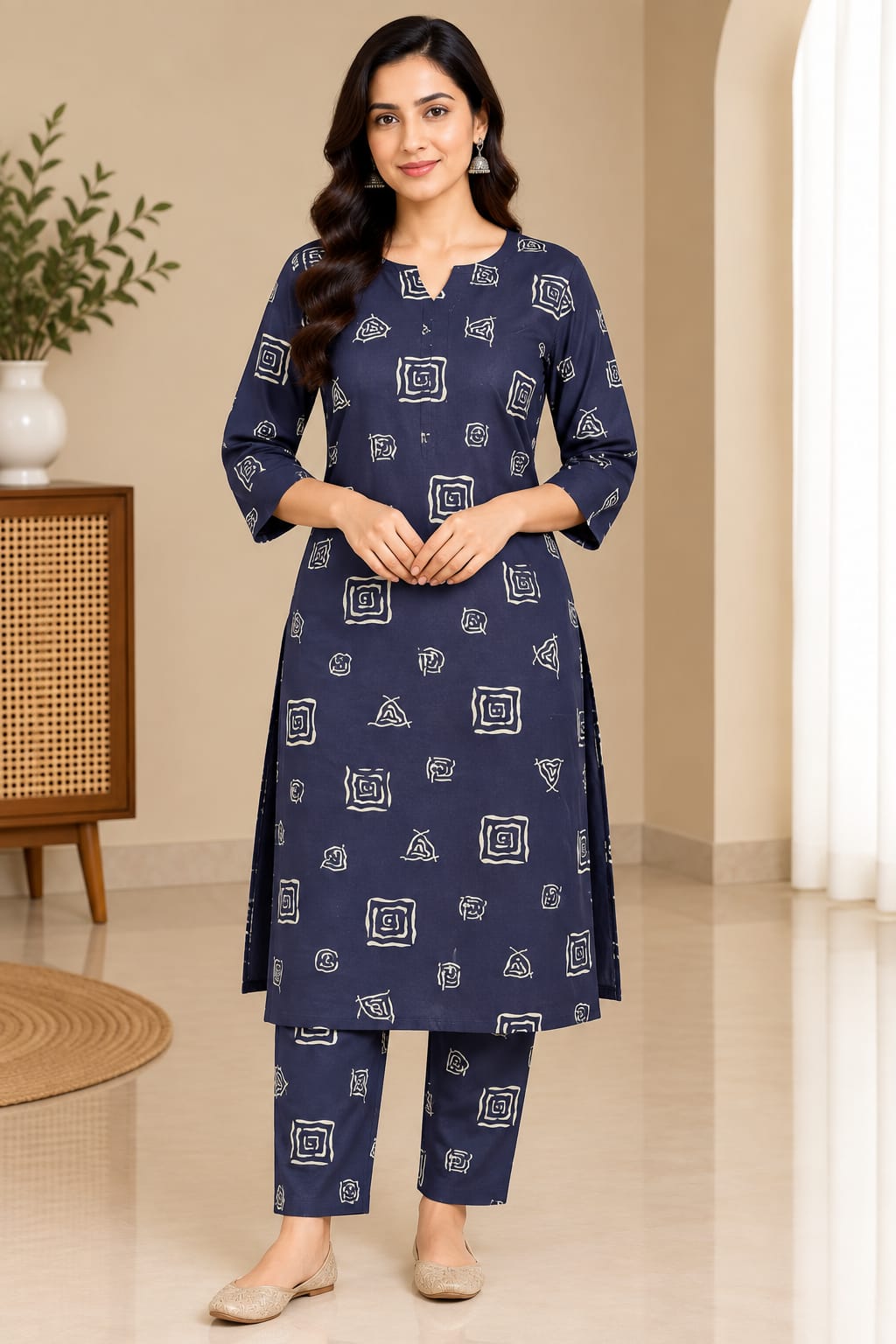Midnight Bloom: 2-Piece Ethnic Printed Kurta & Pant Set
